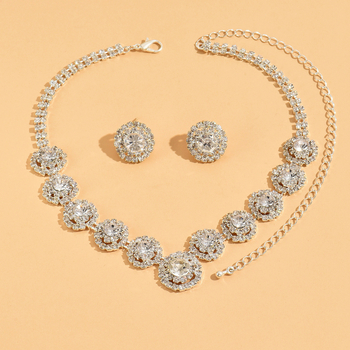 Rnafashion Colier și cercei geometrice din cupru cu rhinestones – set bijuterii pentru femei, model Stele/Sun și Lună/Univers