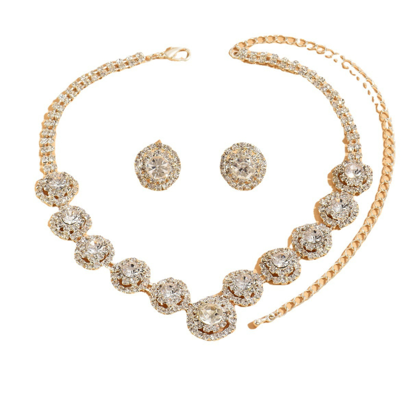 Rnafashion Colier și cercei geometrice din cupru cu rhinestones – set bijuterii pentru femei, model Stele/Sun și Lună/Univers