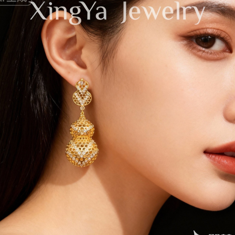 Réz alapanyagú fülbevaló és állítható gyűrű cirkóniával, 3D üreges tök forma, valódi arany bevonattal