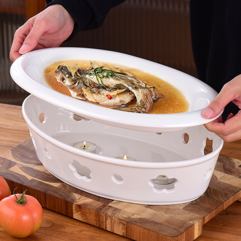 Ovalus keraminis garavimo padėklas maistui šildyti (keramika, ovalus formos, mikrobangų krosnelė atspari, paprastas stilius, pritaikomas)