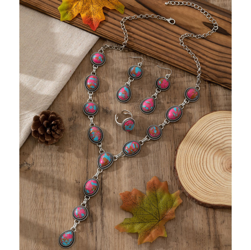 Boemski vintage set nakita – imitirani kolorirani nefrit, ogrlica, naušnice i prsten