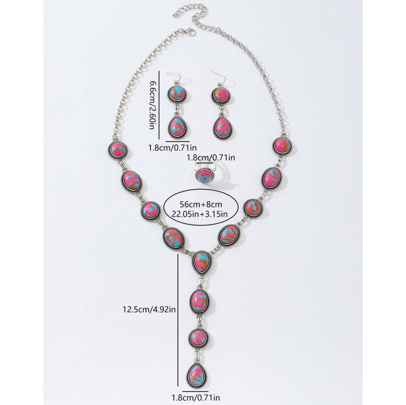 Boemski vintage set nakita – imitirani kolorirani nefrit, ogrlica, naušnice i prsten