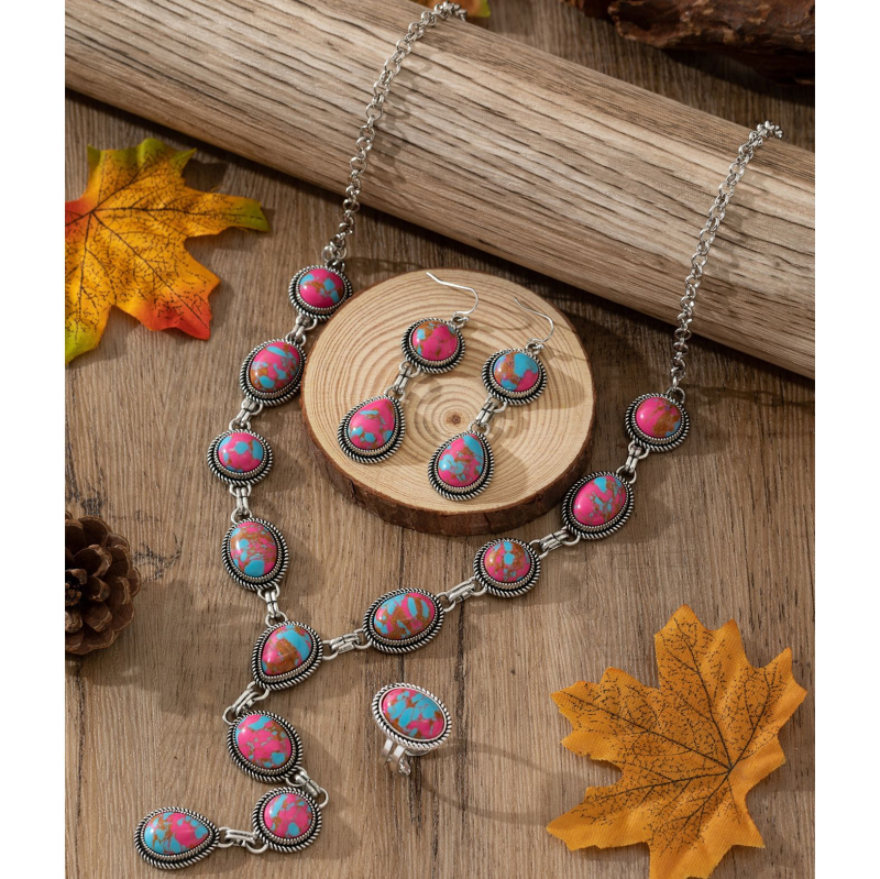Boemski vintage set nakita – imitirani kolorirani nefrit, ogrlica, naušnice i prsten