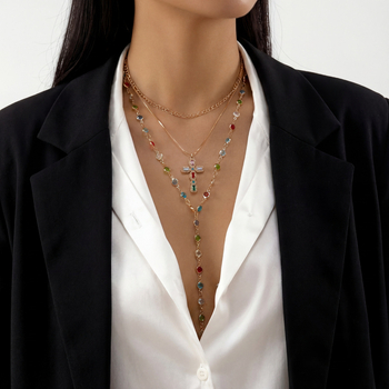Nakit od legure u Y-obliku s križem, slojevit, Lock-Bone lanac, geometrijski stil