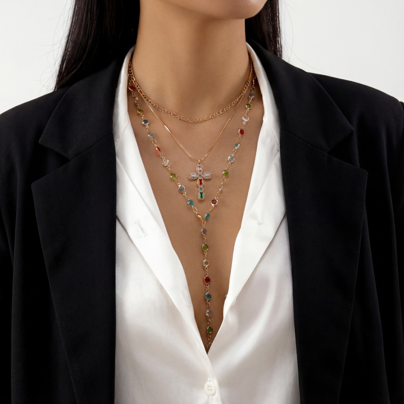 Nakit od legure u Y-obliku s križem, slojevit, Lock-Bone lanac, geometrijski stil