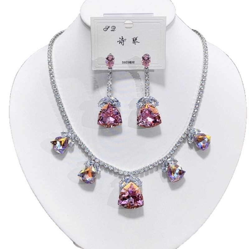 Set ogrlice i naušnica: cirkon i umjetni kristal, elektroplatiniranje, oblik pahulje, verižica tip klavikule, bakreni privjesak (Umjetni kristal; Cirkon; Elektroplatiniranje; Oblik pahulje; Verižica tip klavikule; Bakreni privjesak)