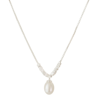 925-ös ezüst nyaklánc, kézzel készített, édesvízi gyöngy medállal, geometriai forma (romb/U), box lánc