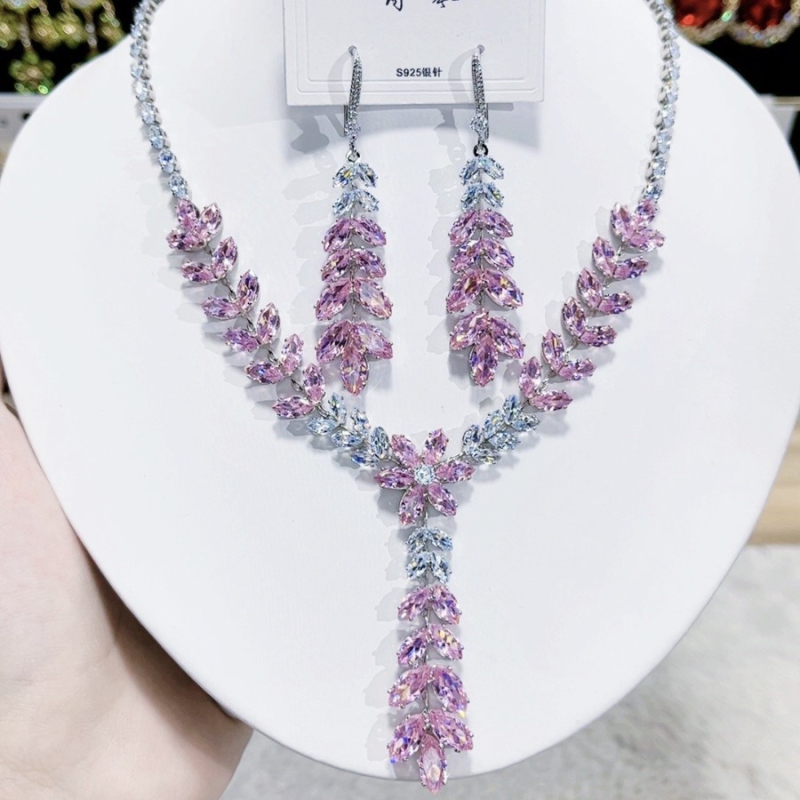 Set colier și cercei cu zirconiu, motif de grâu, pandantiv din cupru, lanț pentru claviculă, primăvara 2024