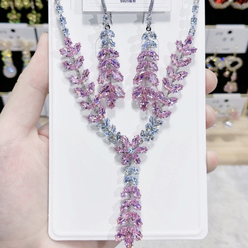 Set colier și cercei cu zirconiu, motif de grâu, pandantiv din cupru, lanț pentru claviculă, primăvara 2024