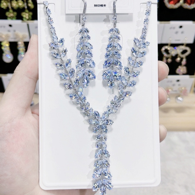 Set colier și cercei cu zirconiu, motif de grâu, pandantiv din cupru, lanț pentru claviculă, primăvara 2024