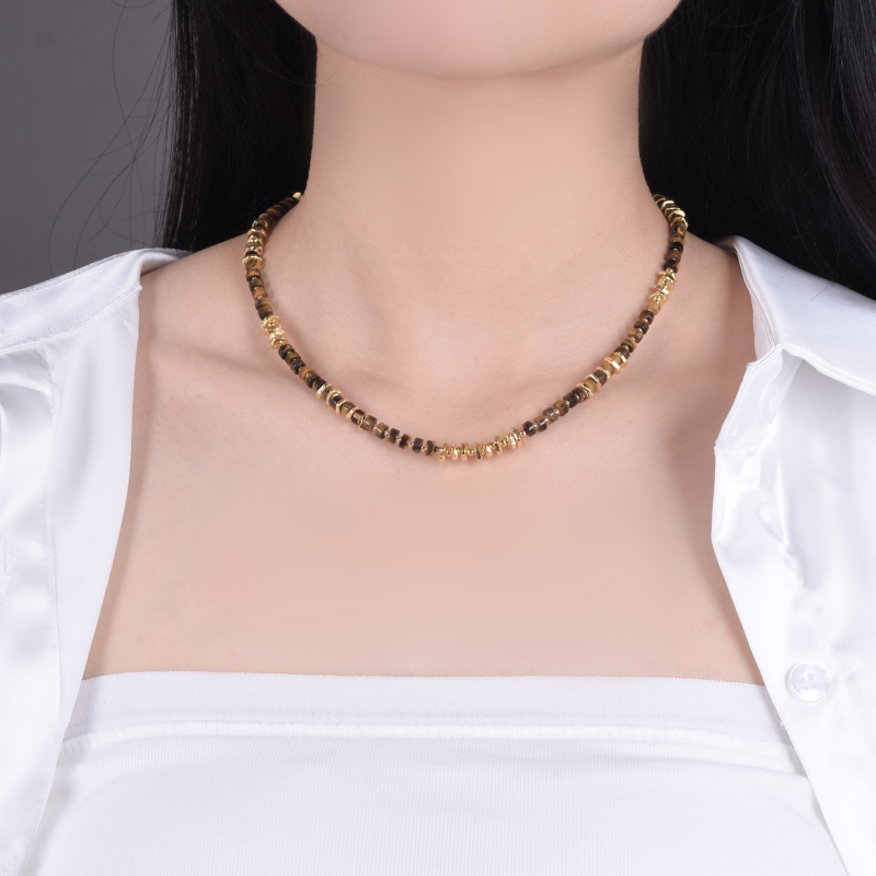 Ogrlica s perlama i privjeskom od tigrovog oka, O-lanac, inlay, unisex