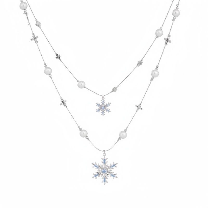 Colier cu ful de zăpadă, perle cu două straturi, argint 925, lanț normal, primăvara 2025, stil lux ușor