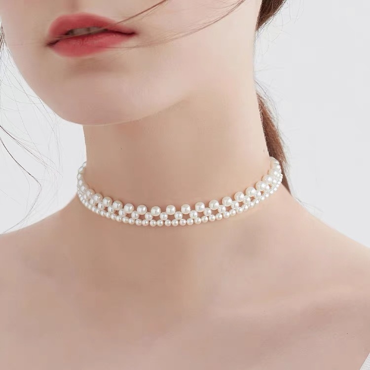 Ogrlica od srebra 925 s perlama, za žene, francuski retro stil, pletene perle, kratka chokers lanac na ključnu kost