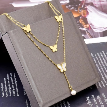 Nakit od titanske čeljusti s leptiricom i perljom, dvostruki sloj, 5 g, unisex, original dizajn