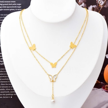 Nakit od titanske čeljusti s leptiricom i perljom, dvostruki sloj, 5 g, unisex, original dizajn