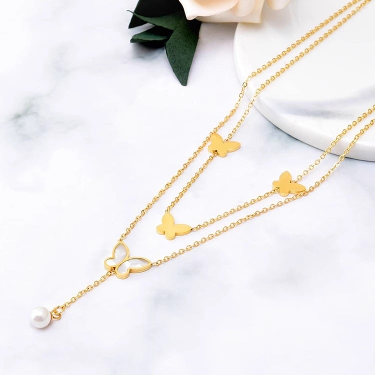 Nakit od titanske čeljusti s leptiricom i perljom, dvostruki sloj, 5 g, unisex, original dizajn