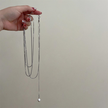 Colier din oțel inoxidabil, lanț lung multi-strat, cu pandant din perlă naturală