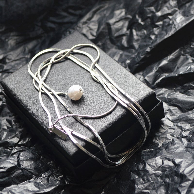 Colier din oțel inoxidabil, lanț lung multi-strat, cu pandant din perlă naturală