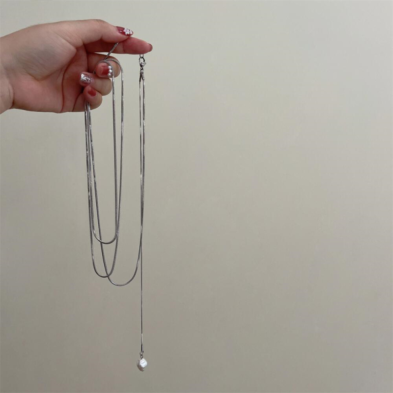 Colier din oțel inoxidabil, lanț lung multi-strat, cu pandant din perlă naturală