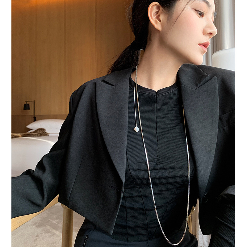 Colier din oțel inoxidabil, lanț lung multi-strat, cu pandant din perlă naturală