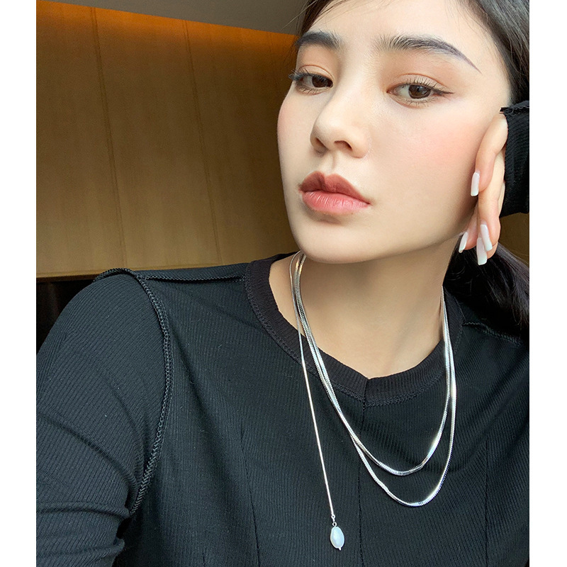 Colier din oțel inoxidabil, lanț lung multi-strat, cu pandant din perlă naturală