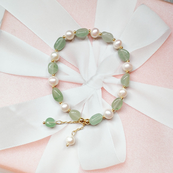 14k επίχρυσο βραχιόλι, φυσικά μαργαριτάρια γλυκού νερού και Dongling Jade σε ελαστικό κορδόνι για γυναίκες