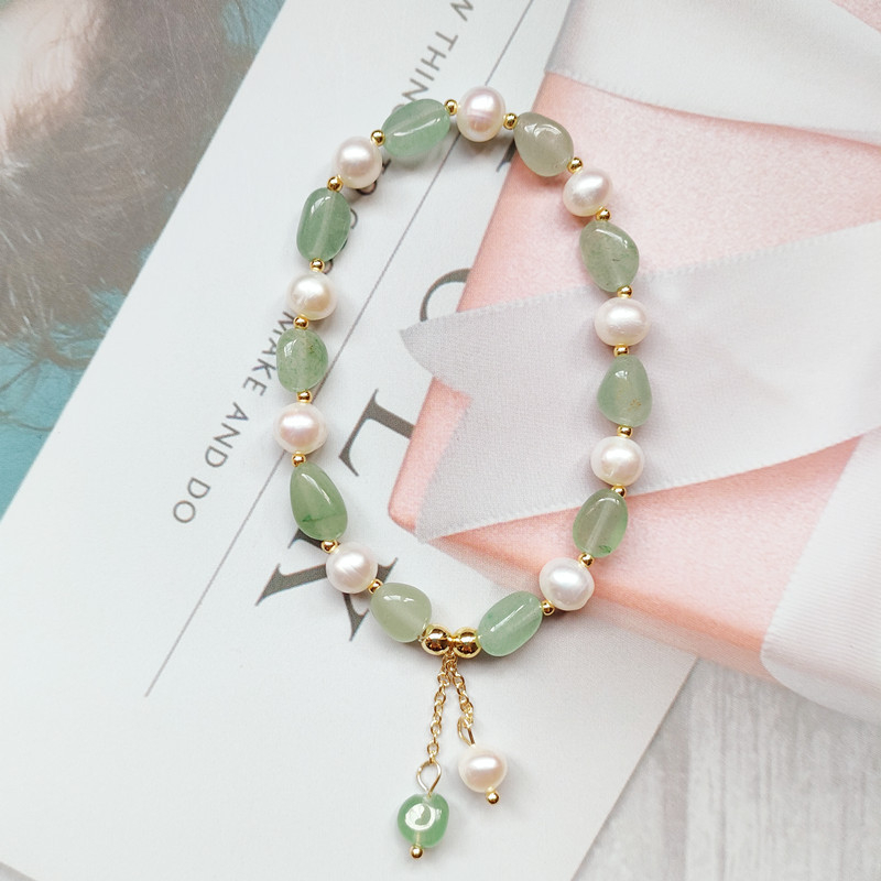 14k επίχρυσο βραχιόλι, φυσικά μαργαριτάρια γλυκού νερού και Dongling Jade σε ελαστικό κορδόνι για γυναίκες