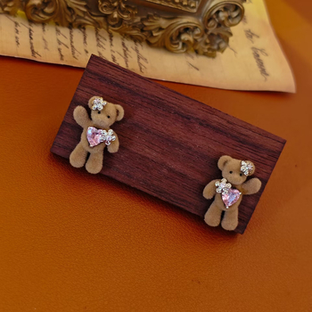 Σκουλαρίκια με μορφή αρκούδας και γεωμετρικό σχέδιο, βύσματα από ασήμι S925 και λαμπερούς λίθους, ηλεκτροπλατιωμένο φινίρισμα