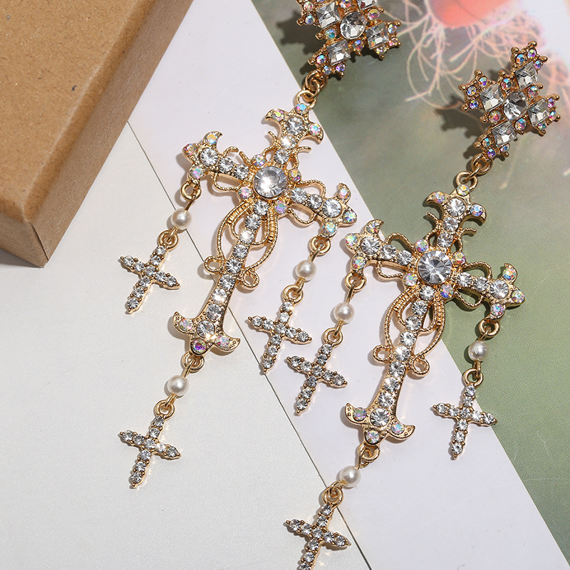 Barokne dugačke naušnice s resicama i križem, vintage rhinestones, 925 srebrna igla