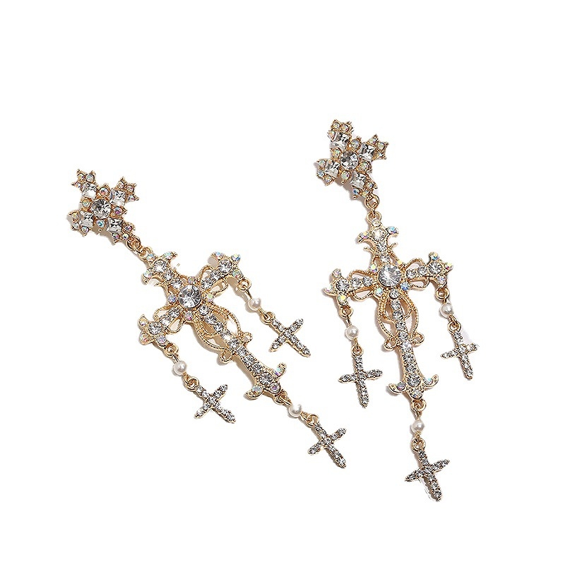Barokne dugačke naušnice s resicama i križem, vintage rhinestones, 925 srebrna igla