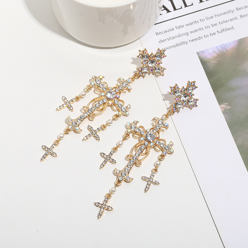 Barokne dugačke naušnice s resicama i križem, vintage rhinestones, 925 srebrna igla