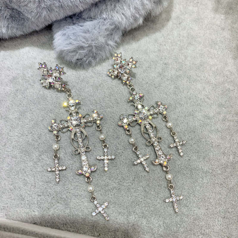 Barokne dugačke naušnice s resicama i križem, vintage rhinestones, 925 srebrna igla