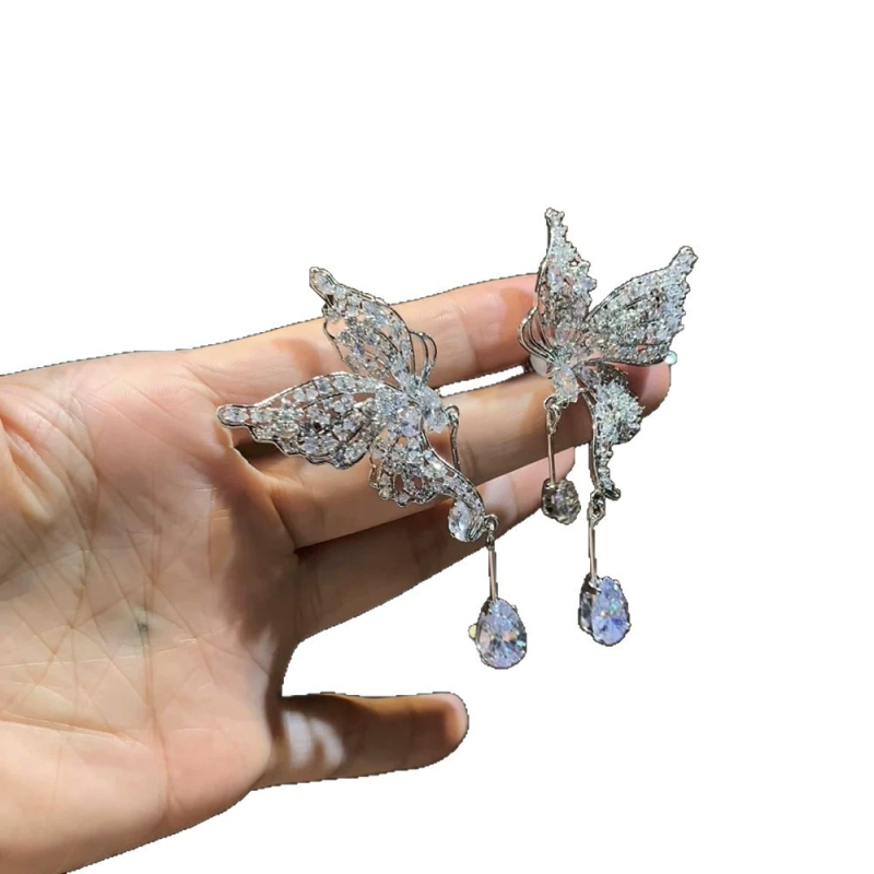 Naušnice s klipsom za uho – leptir s rhinestones, od legure, elektropliranje, geometrijski oblik mašne