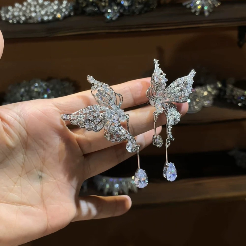 Naušnice s klipsom za uho – leptir s rhinestones, od legure, elektropliranje, geometrijski oblik mašne