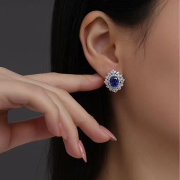 Обeци на щифт със сапфир и диамант, ромбовидна форма, с камъни, 925 сребро, оригинален дизайн от Kudi's House