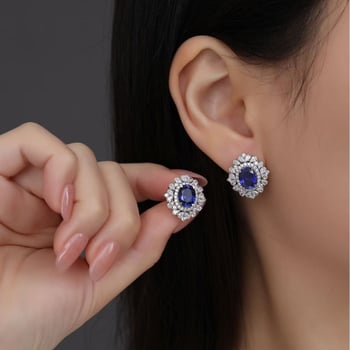 Обeци на щифт със сапфир и диамант, ромбовидна форма, с камъни, 925 сребро, оригинален дизайн от Kudi's House