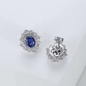 Обeци на щифт със сапфир и диамант, ромбовидна форма, с камъни, 925 сребро, оригинален дизайн от Kudi's House