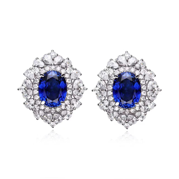 Обeци на щифт със сапфир и диамант, ромбовидна форма, с камъни, 925 сребро, оригинален дизайн от Kudi's House