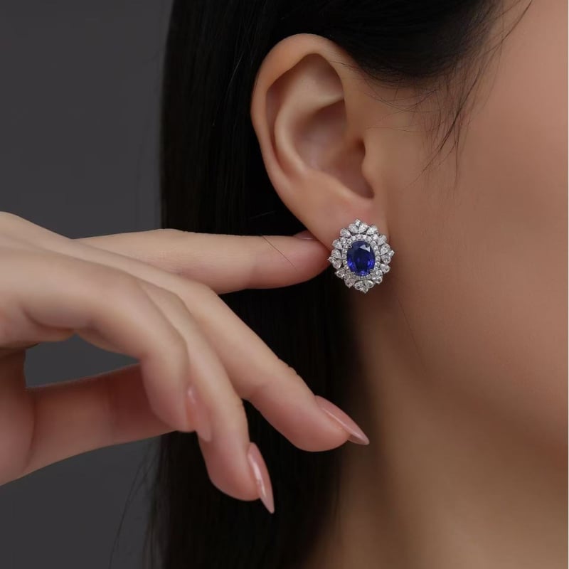 Обeци на щифт със сапфир и диамант, ромбовидна форма, с камъни, 925 сребро, оригинален дизайн от Kudi's House