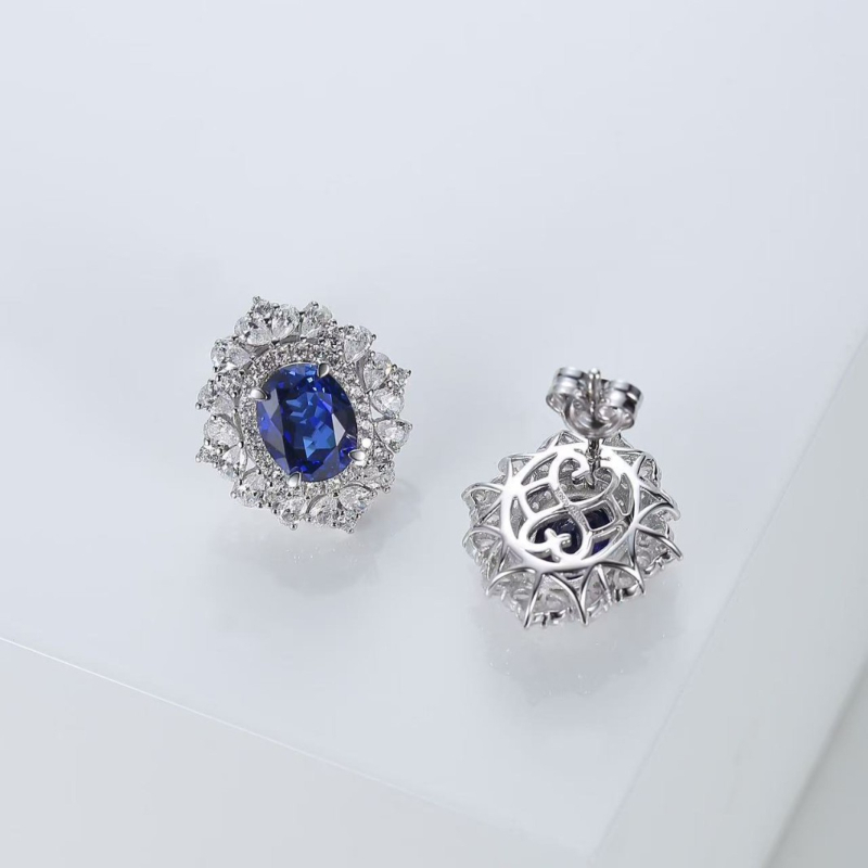 Обeци на щифт със сапфир и диамант, ромбовидна форма, с камъни, 925 сребро, оригинален дизайн от Kudi's House