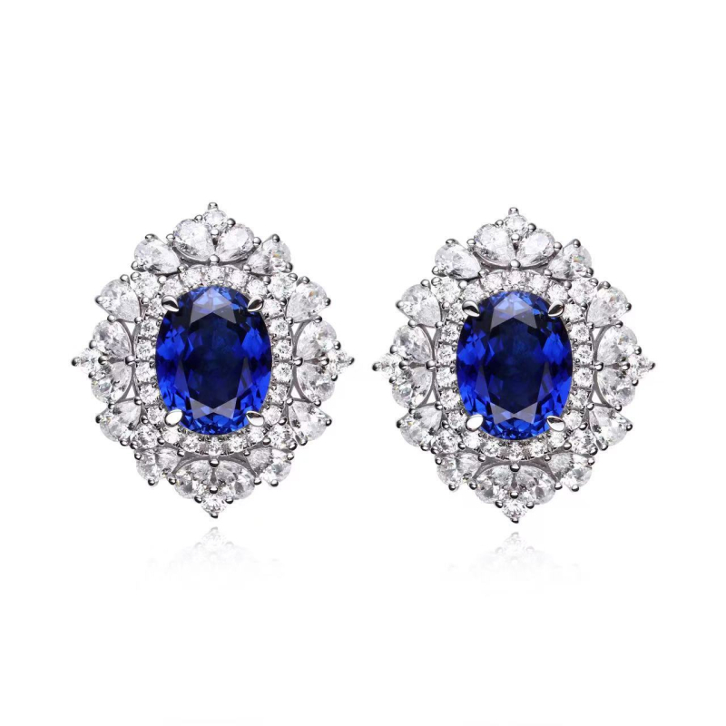 Обeци на щифт със сапфир и диамант, ромбовидна форма, с камъни, 925 сребро, оригинален дизайн от Kudi's House