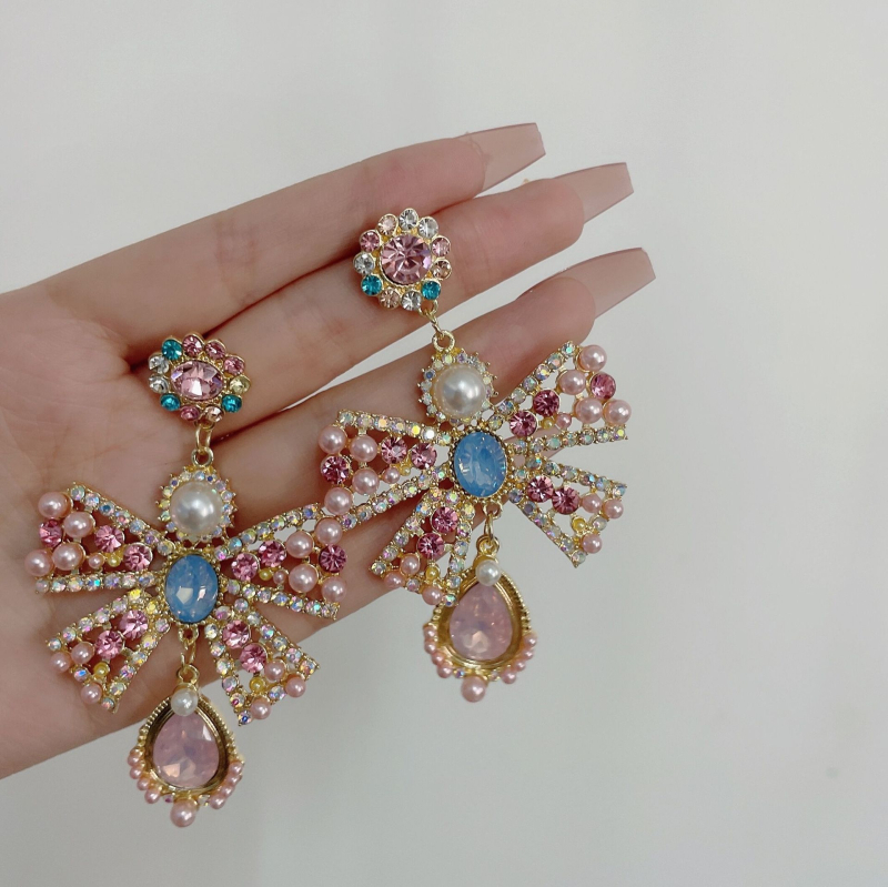 Cercei cu funda, perle și cristale, știfturi din argint 925, finisaj diamant, model ER033
