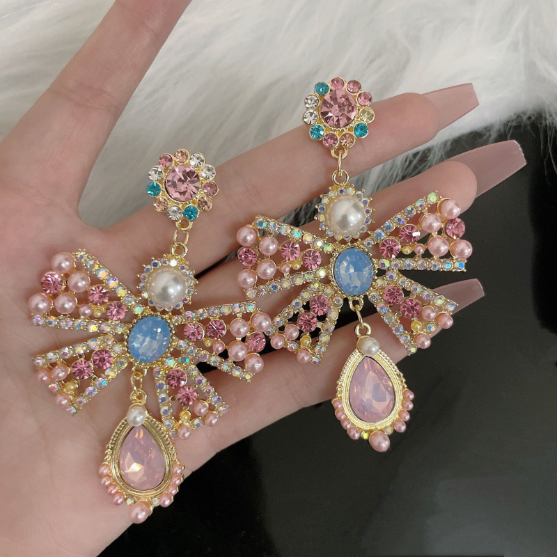 Cercei cu funda, perle și cristale, știfturi din argint 925, finisaj diamant, model ER033