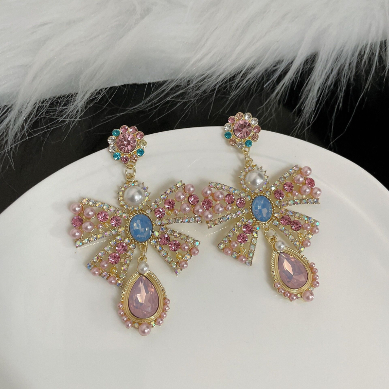 Cercei cu funda, perle și cristale, știfturi din argint 925, finisaj diamant, model ER033