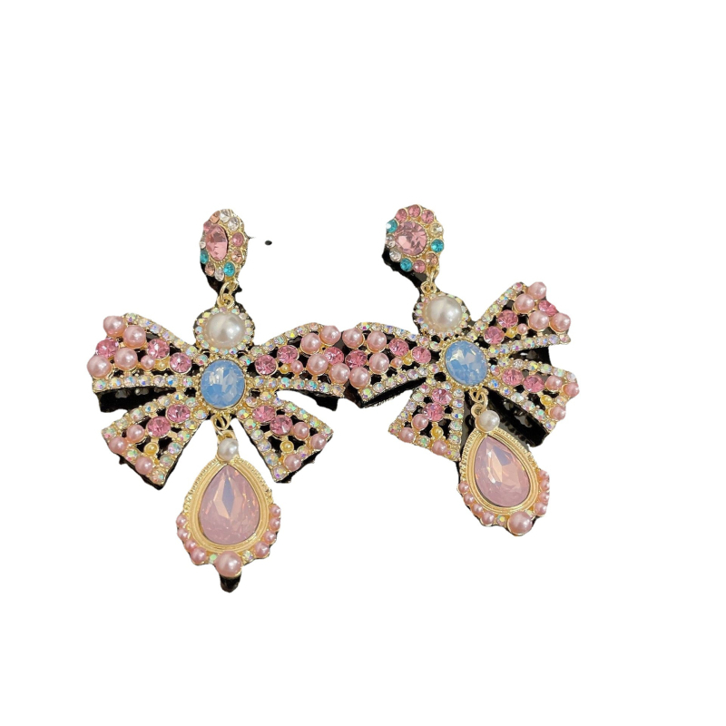 Cercei cu funda, perle și cristale, știfturi din argint 925, finisaj diamant, model ER033