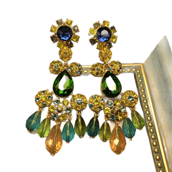 Vintage naušnice s kapkastim privjeskom, dijamantima i šarenim rhinestones, srebrne šipke 925, marka Oumala