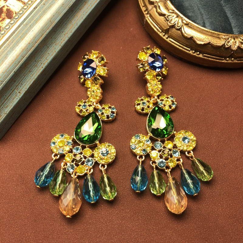 Vintage naušnice s kapkastim privjeskom, dijamantima i šarenim rhinestones, srebrne šipke 925, marka Oumala