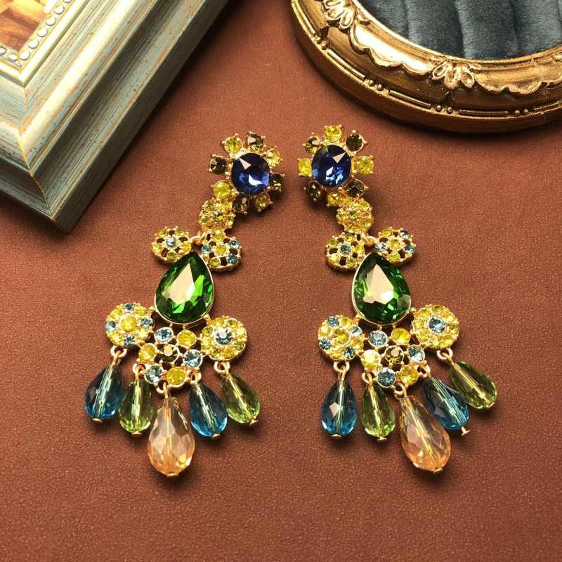 Vintage naušnice s kapkastim privjeskom, dijamantima i šarenim rhinestones, srebrne šipke 925, marka Oumala