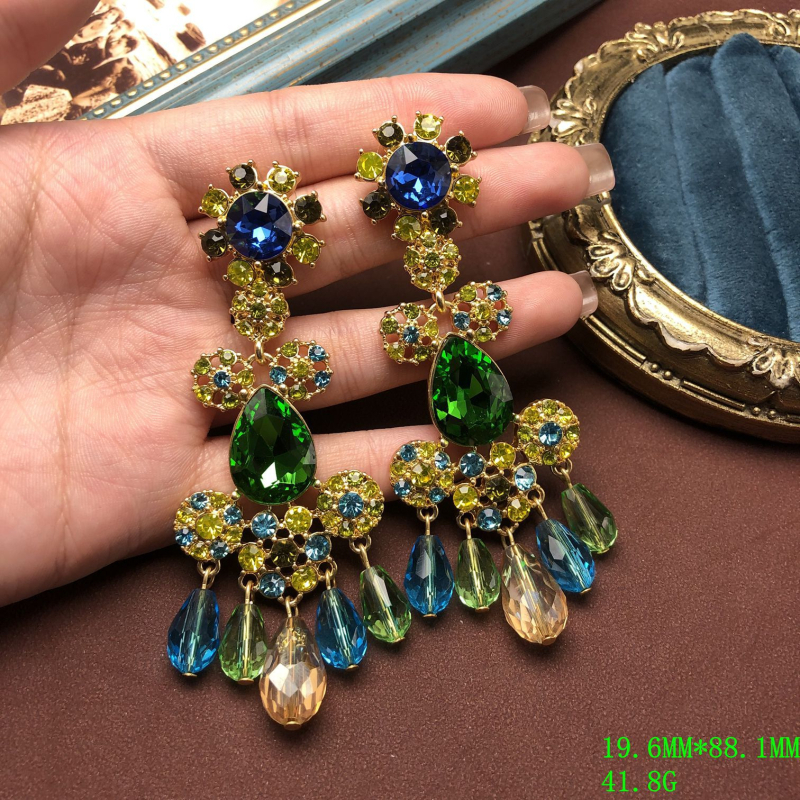 Vintage naušnice s kapkastim privjeskom, dijamantima i šarenim rhinestones, srebrne šipke 925, marka Oumala