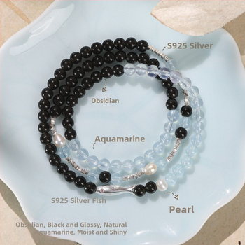 Dj Jewelry narukvica od obsidijana, akvamarina i bisera u srebru 925 – oblik cvijeta, ženski originalni dizajn, polirani završetak